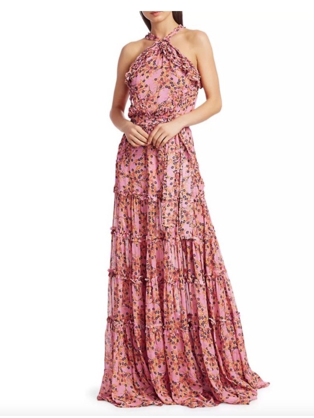 Alexis Pink Floral Tiered Halter Maxi Dress